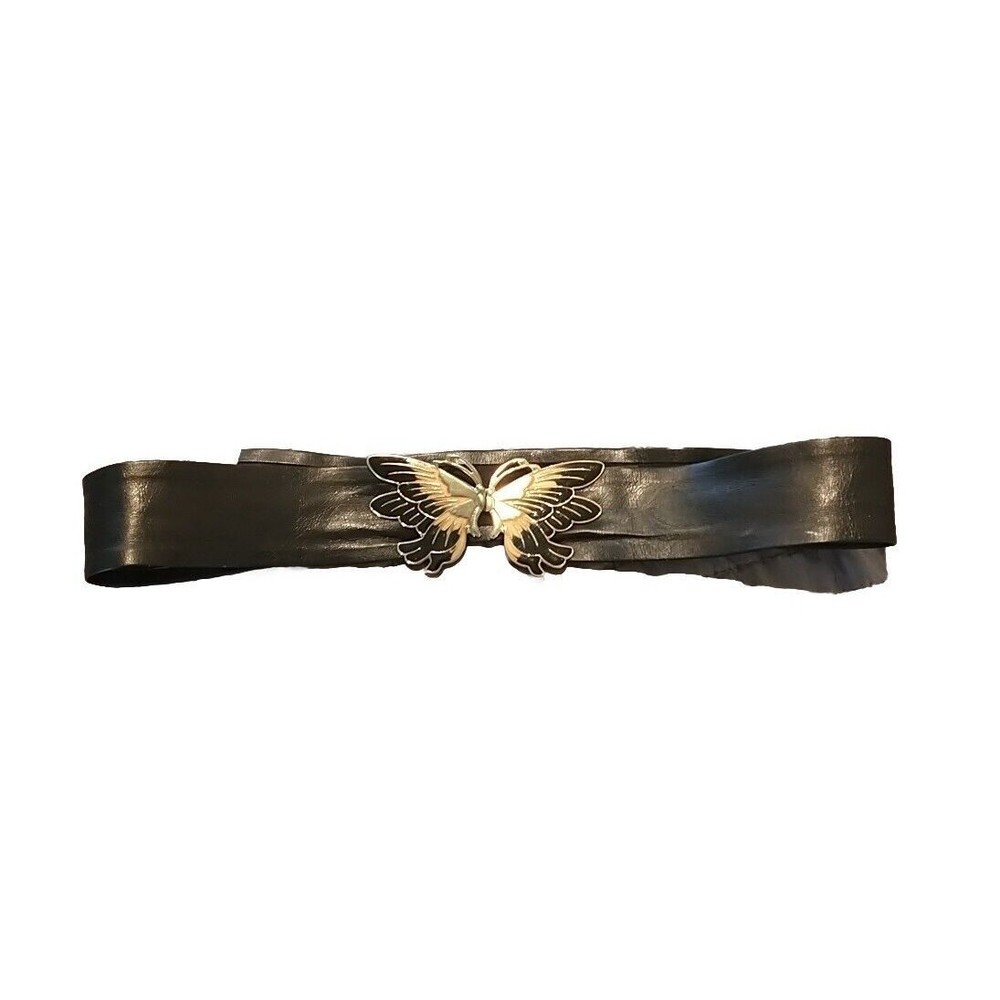 Vintage 80s Faux Leather Waist Belt Black Gold Butterfly Buckle Clasp Size 33